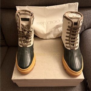 Jimmy Choo Sea Green and Latte Lace-Up Boots